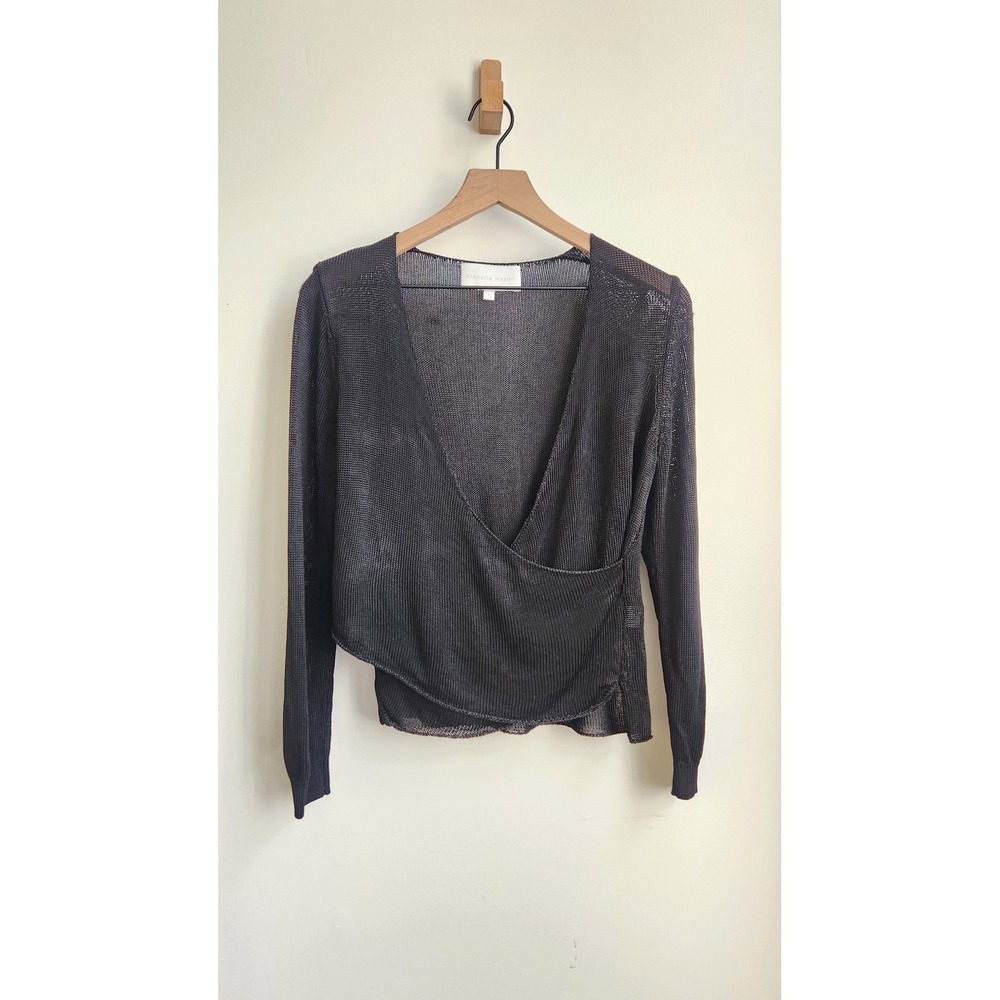 Michelle Mason Cross Wrap Sweater Women S Black Knit Mesh V Neck Top Quiet Luxe